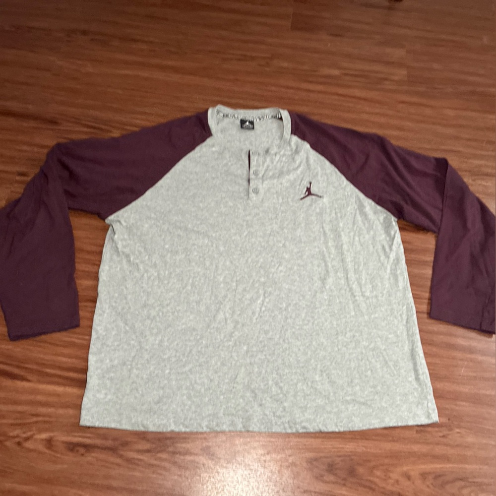 Air Jordan Henley Long Sleeve Shirt Gray W/ Maroon Sleeves Jumpman Men 3XL